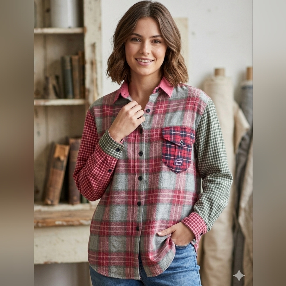 Kikomo Vintage 80s Flannel Womens Western Stripe‎ Patched Button Up Size Small
